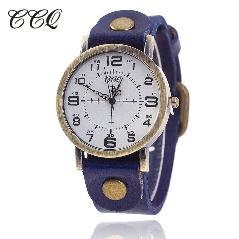 Ccq vintage ko læder armbåndsur kvinder armbåndsure afslappet luksus kvarts ur relogio feminino: Blå