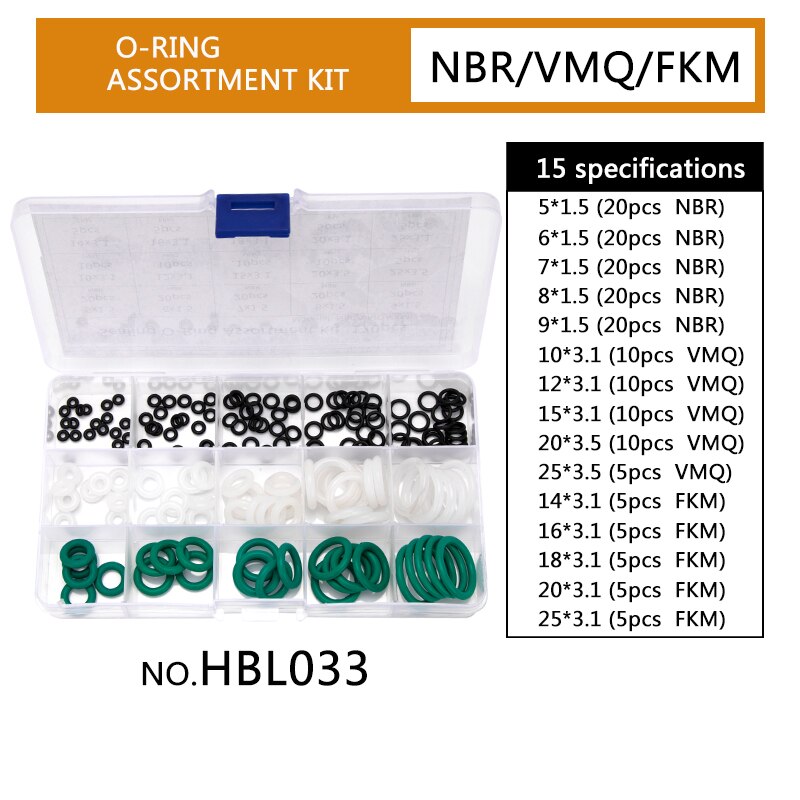 Svart nbr grön fluoro viton fkm o-ring plus vit silikon vmq o ringar sortiment set reservtätningssatser 15 storlekar 170 st = 1 set: Hbl 033 x1