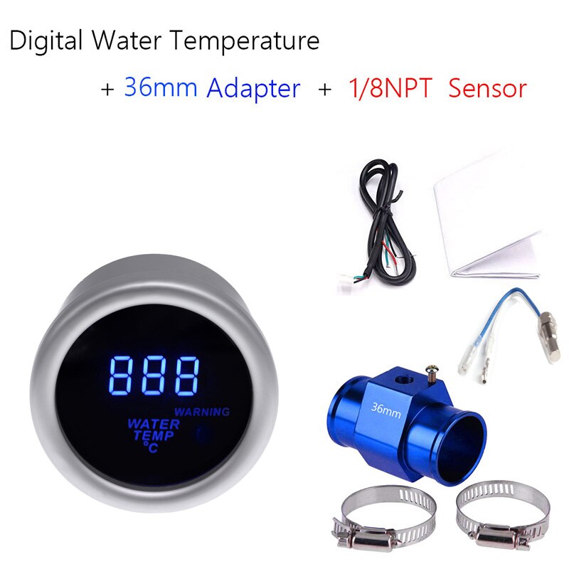 52mm motorcykel termometer digital bil vandtemperaturmåler 40 ~ 150 celsius med vand temp joint joint adapter 1/8 npt sensor: 36mm adapter