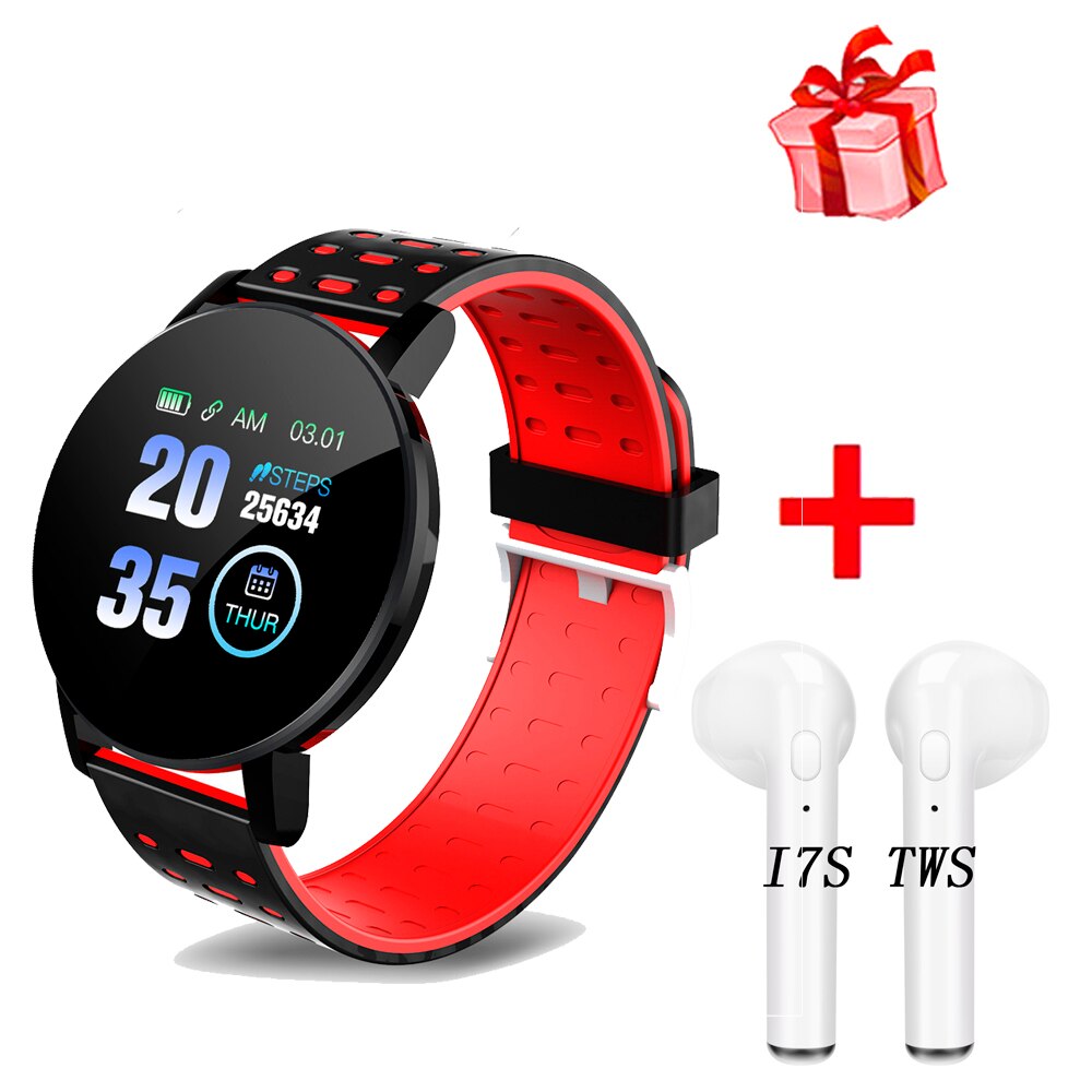 119 Plus Bluetooth Smart Watch Men Blood Pressure Smartwatch Women Watches Smart Band Sport Tracker Smartband For Android: 119 Red i7s TWS