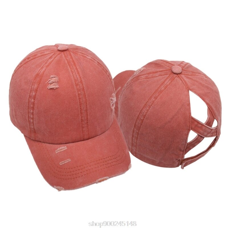 Femmes lavé casquette de Baseball crème solaire en détresse déchiré Criss croix haute queue de cheval réglable chapeau de relance N12 20 directe: Orange