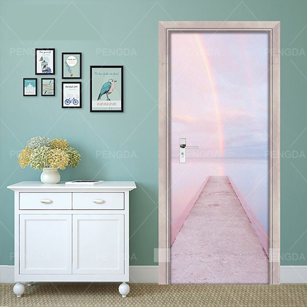DIY Door Sticker Self Adhesive Paper for Living Room Rainbow Cloud Decal Home Decor Scenery PVC Waterproof 3D Print Sticker Art: Door YXCV2551-02 / 95x215cm