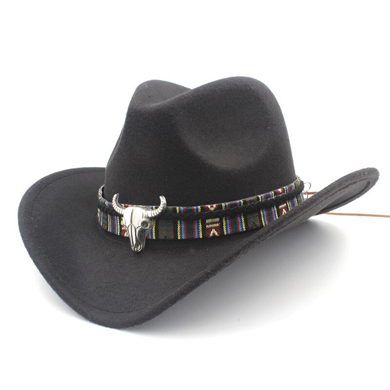 Vrouwen Wol Hollow Western Cowboy Hoed Roll-Up Wide Brim Lady Cowgirl Jazz Paardensport Sombrero Cap Met Kwastje Tauren lint: Black