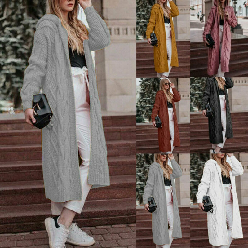 dame uformelt strikket cardigan langermet hettegenser vinter varm ensfarget lange gensere kåpe