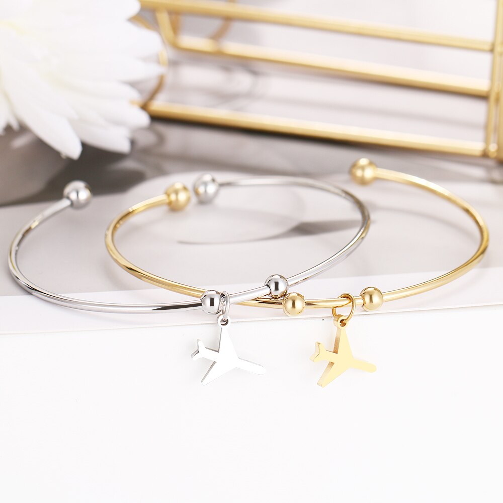 CACANA stal nierdzewna 316L otwarta bransoletka złoty kolor samoloty proste modny biżuteria dla kobiet bransoletki wesele prezenty