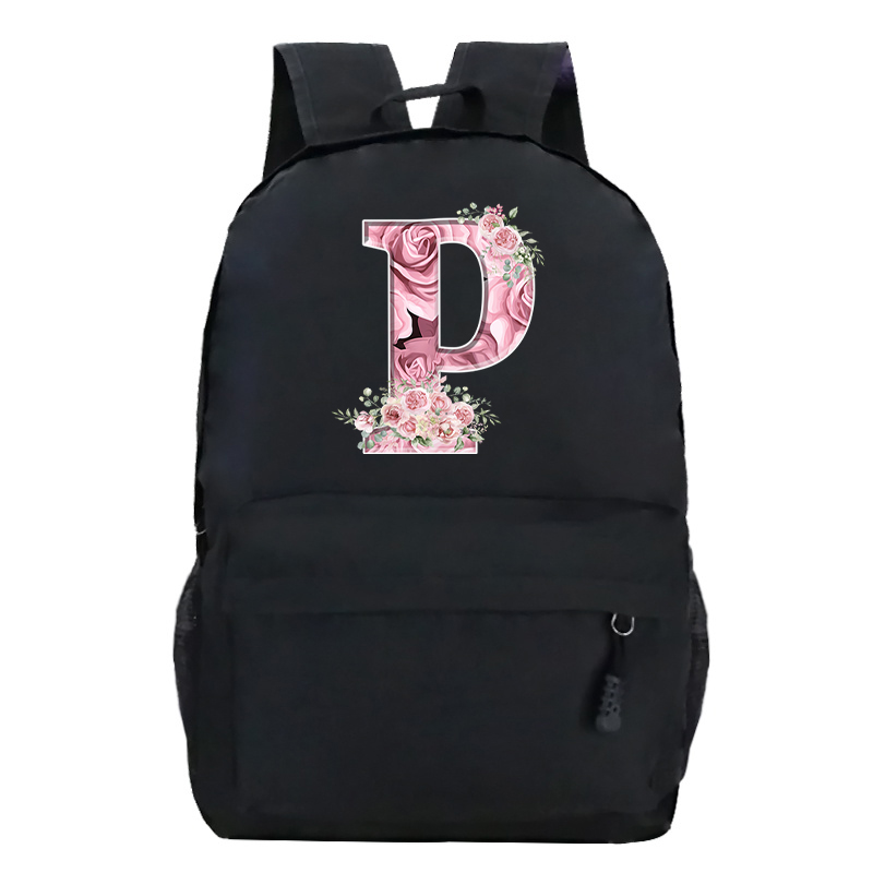 Pink Rose Alphabet Backpack Black Casual Women Aesthetics Rucksack Teenage Girl Boy Flower Letter School Bag Student Mochilas: Lavender