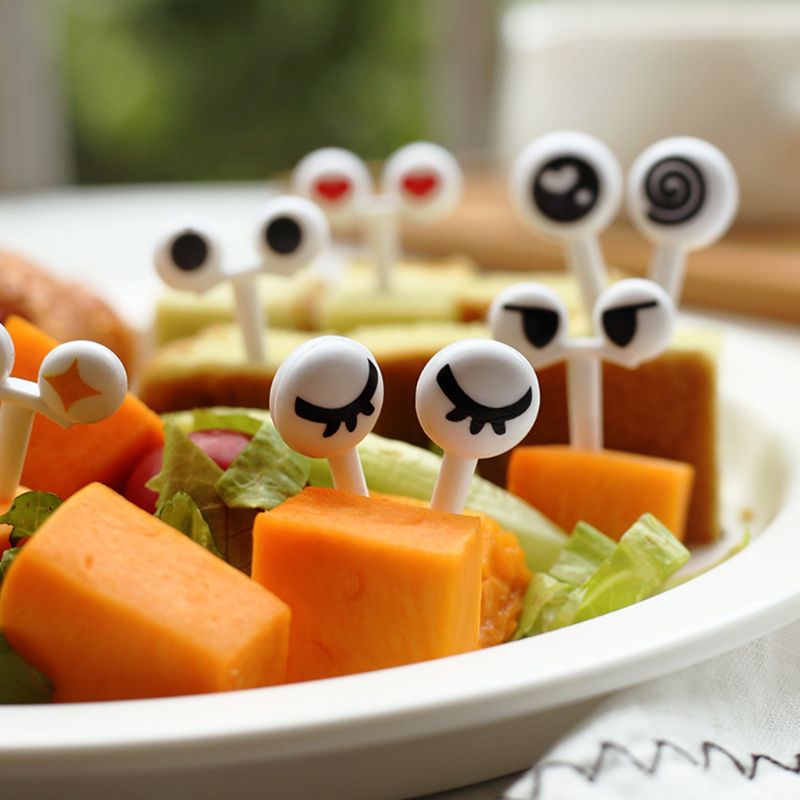 10 unidades/juego de Mini pinchos, lindos ojos de dibujos animados Kawaii, Almuerzo Bento caja, comida, fruta, tenedor, palillos, decoración de Buffet