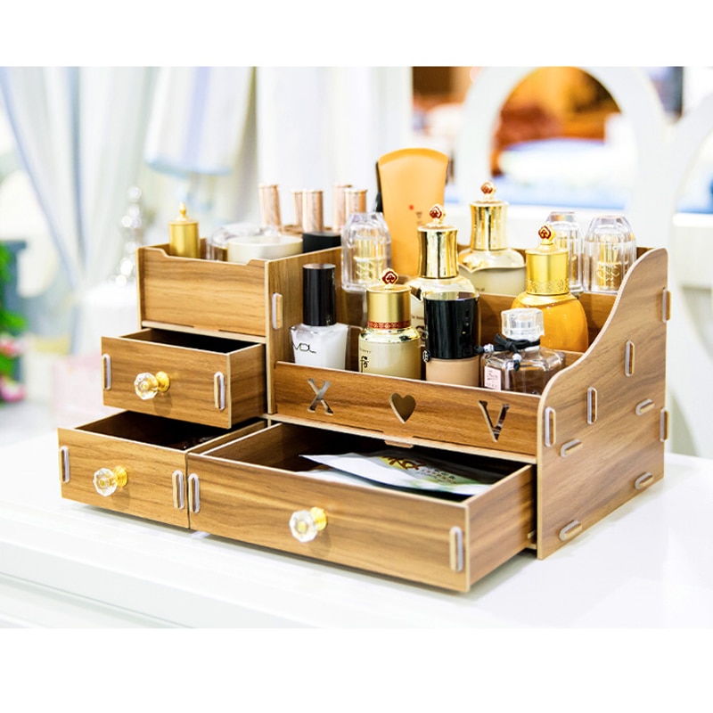 Multifunktions træ desktop opbevaringsboks makeup organizer taske kosmetisk opbevaringsboks gør det selv store makeup organizer skuffer