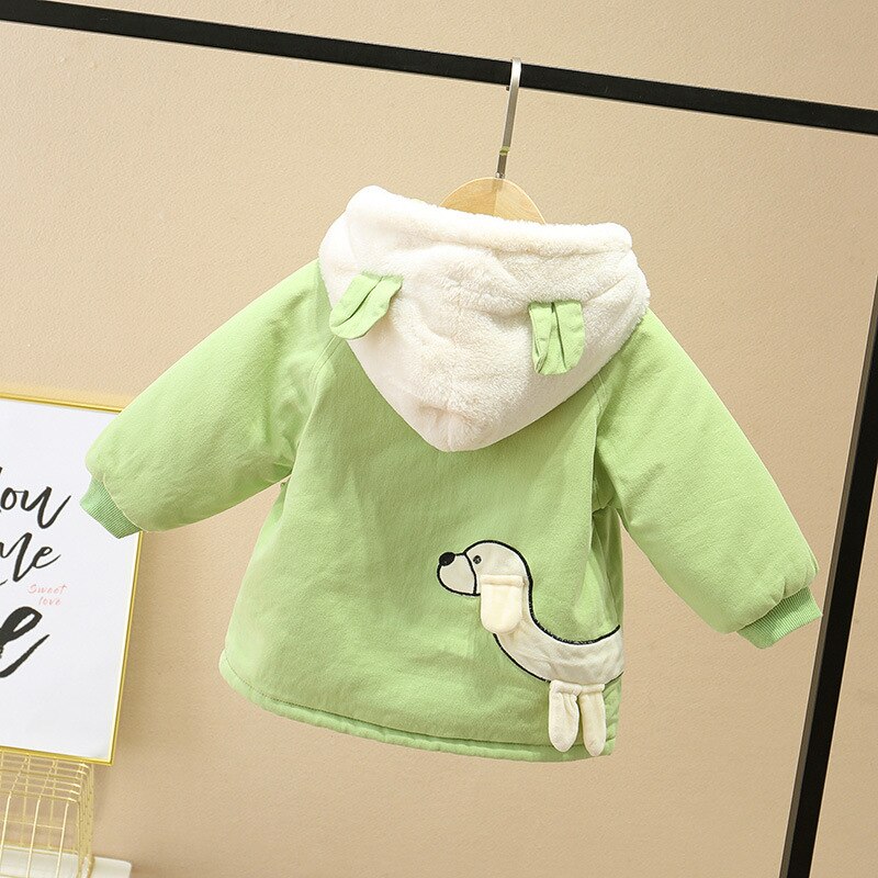 Girls in , the winter pure color embroidery printing cotton-padded jacket coat female baby animals: Green / 24M