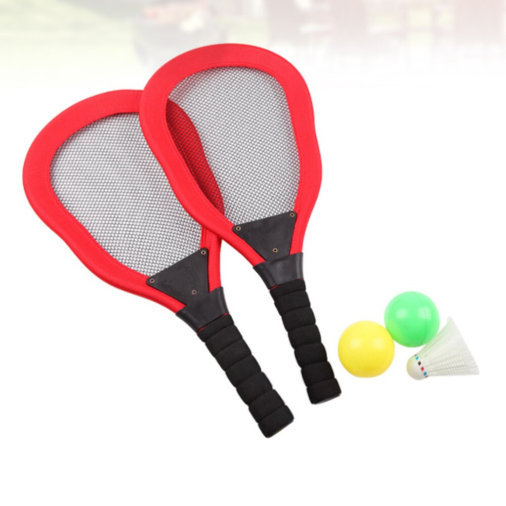 5Pcs Sport Speelgoed Kinderen Doek Art Tennisracket Badminton Strand Racket Kids Outdoor Benodigdheden (Rood 2 Stuks racket + 1Pc Badminton