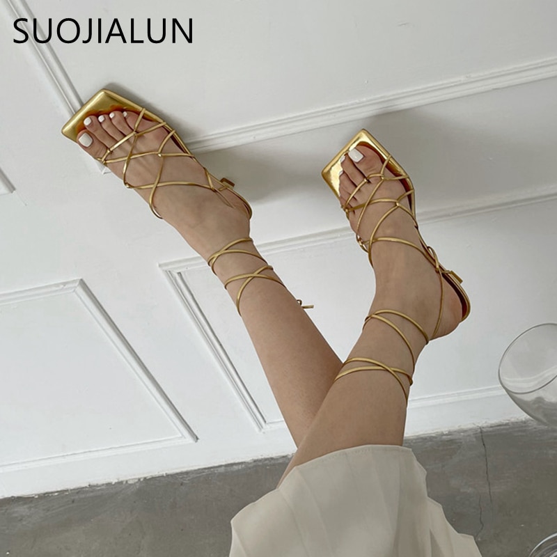 SUOJIALUN Women Sandals Thin Low Heel Lace Up Rome Sandal Summer Gladiator Casual Sandal Narrow Band Shoes Big Size 40