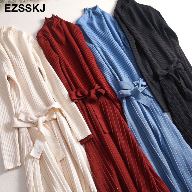 herfst winter maxi trui jurk vrouwen lange mouw OL vrouwelijke lange trui jurk met riem elegante a-lijn solid slim jurk