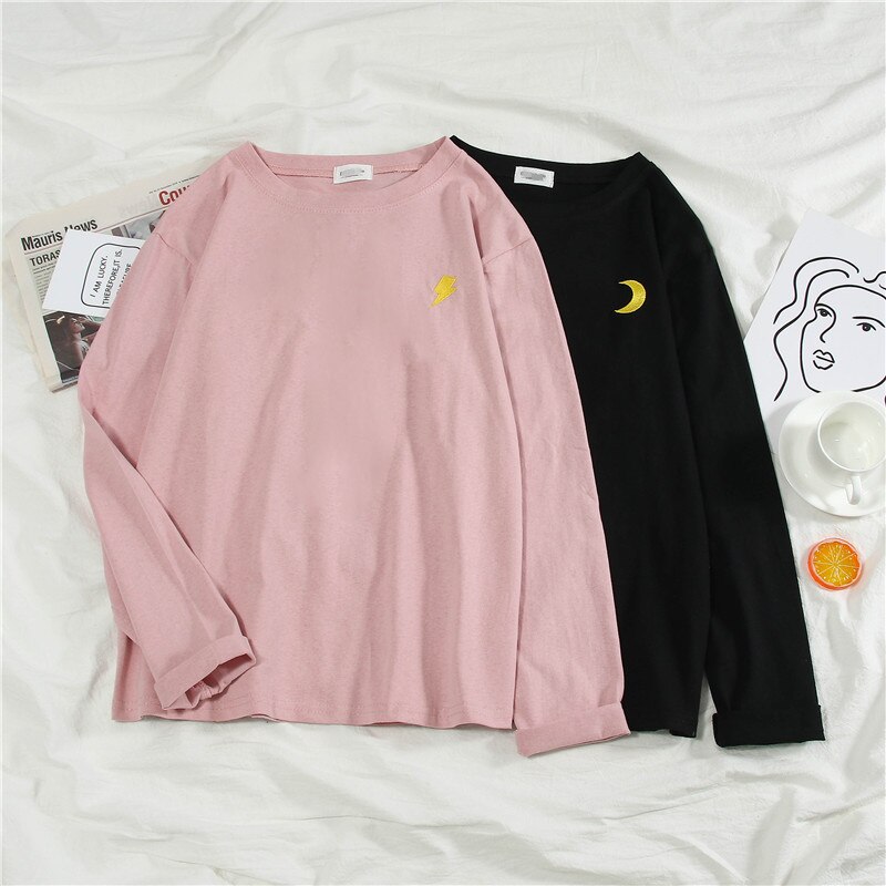Kvinder tegneserie broderi t-shirts harajuku enkel t-shirt efterår lange ærmer afslappet løs t-shirt studerende sjove t-shirt toppe