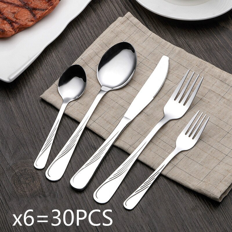 24/30 PCS Western Food Stainless Steel Cutlery Set Gold-plated Magic Cutlery Spoon/Fork/Knife Kit Dinnerware Sets: Silver 30 PCS