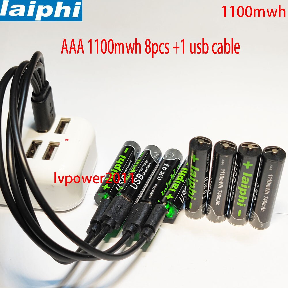 Laiphi-Batería de polímero de litio recargable por USB, Pila de li-ion de alta capacidad, AAA, 1,5 V, 1100mwh: 8AAA with 1usb cable
