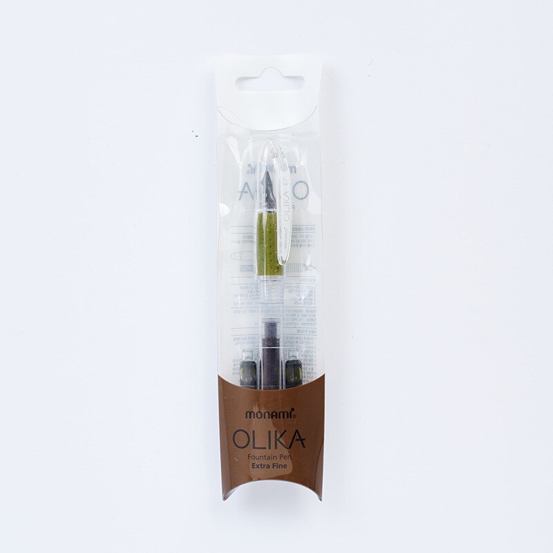 Korean Monami OLIKA Transparent Candy Color Ink Fountain Pen Set 0.38mm Meduim EF Nib School PVC Plastic Sign Pen Ink Cartridge: Olive 0.38mm Set