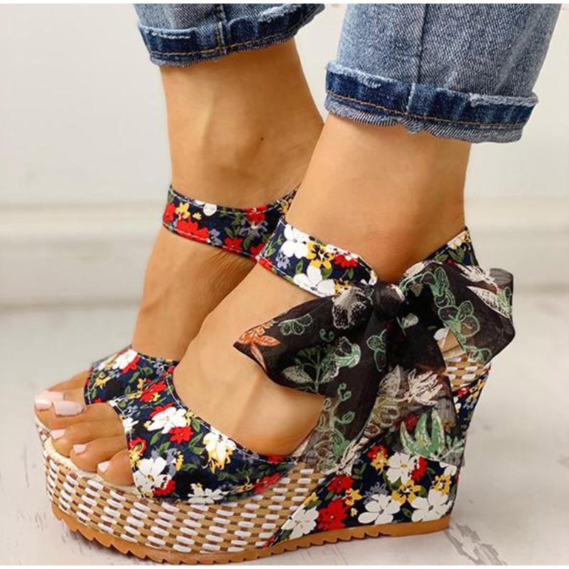 nouvelle plage d'été Boho sandales à talons compensés à fleurs femmes bride à la cheville plate-forme gladiateur chaussures femme talons hauts Sandalias Mujer