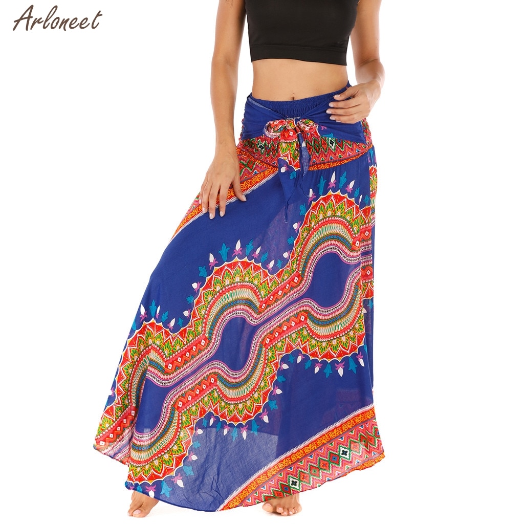 Vrouwen Lange Hippie Bohemian Gypsy Boho Bloemen Elastische Taille Bloemen Halter Rok Vrouwen Casual Rok Kleding Mode Zomer: Blue 02
