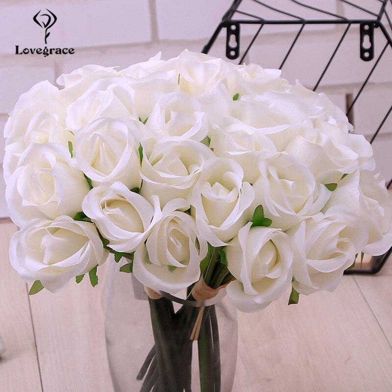 Lovegrace Rose Bouquet Flower Artificial Silk 12 Heads Rose Bridesmaid Hold Flower Bouquet Champagne Pink Home Wedding Decor