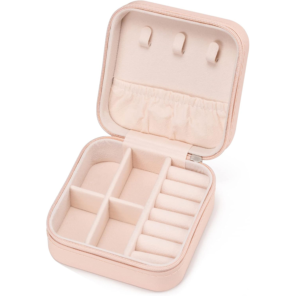 Mini soporte de almacenamiento de joyería portátil de viaje para anillos, pendientes, collares, pulseras, brazaletes, cajas organizadoras para niñas y mujeres: Rosa