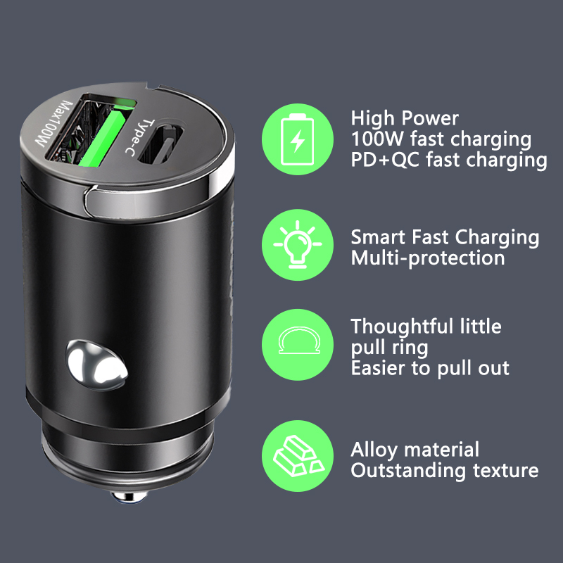 100W Mini Car Charger QC3.0 PD with Charging cable Lighter Fast Charging for Xiaomi Samsung Huawei iPhone Car USB Type C Charger