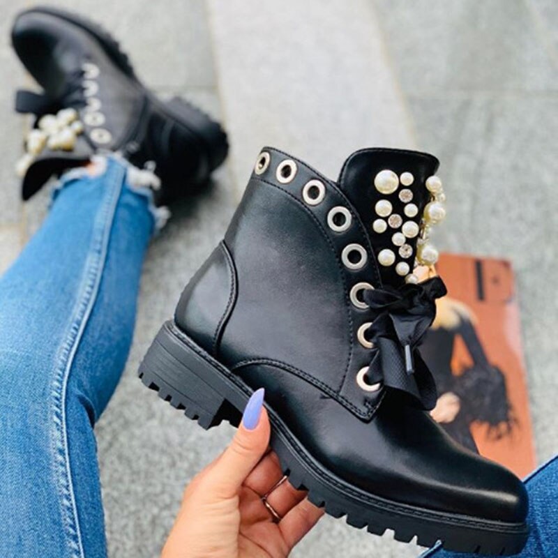 Bottines de moto antidérapantes avec perles en cristal pour femmes, chaussures d&#39;automne Punk à lacets, plateforme, grande taille,
