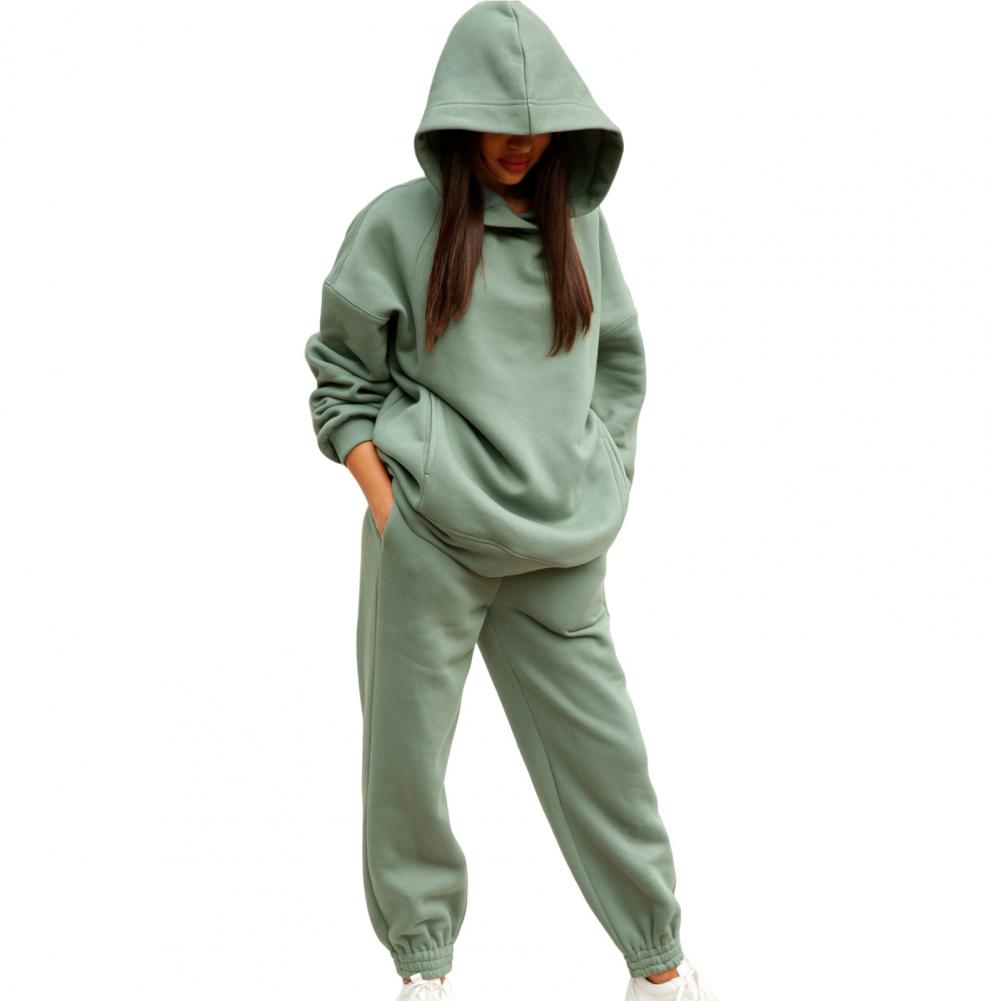 Oversized Hoodie Sweatpants Set Two Piece Women Tracksuit Autumn Trouser Suits Thermal Sweatshirt Solid Sports Hoodie Sportswear: XL / green