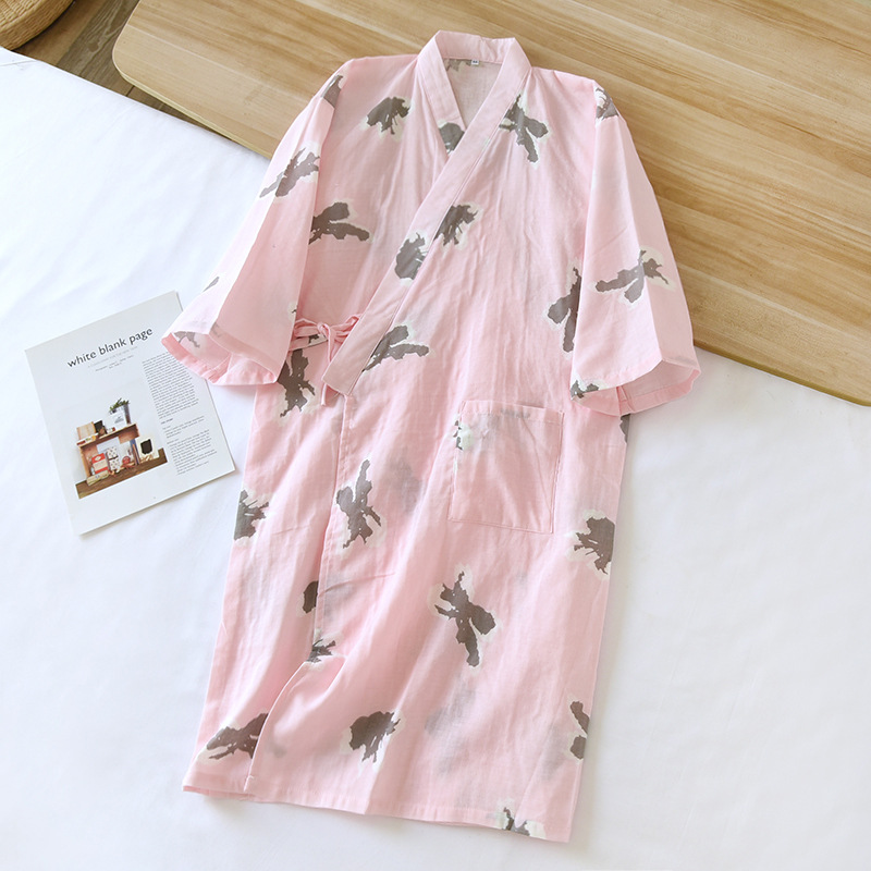 Vår och sommar flerfärgade tryckta kimono-rockar kvinnors tunna snörningskofta badrock bomull hemkläder kvinnor pyjamas: L / Brun