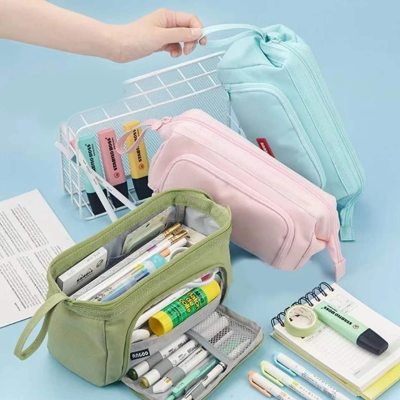Angoo Cute Pencil Case Special Macaron Color Side Window Canvas Big Pencil Pouch Pen Box Storage Bag Student School Stationery