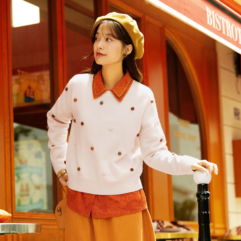 Inman høst vinter farge polka ball dekorasjon ribbet genser genser varme og kawaii stil vindtett jumpe: Lys gul / L