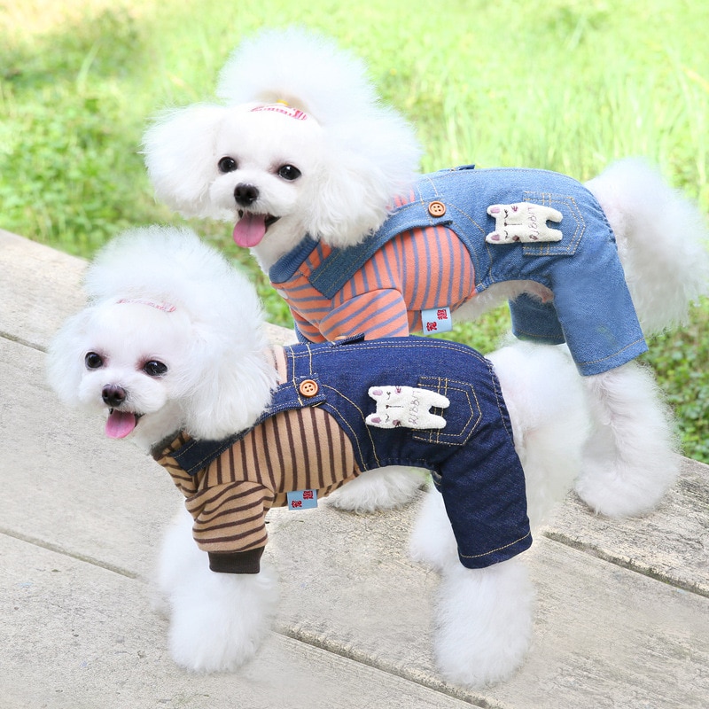 Høst og vinter nyeste stil hundeklær stripete fleece denim overalls dobbeltlags firbens tykk hunde-overall overall