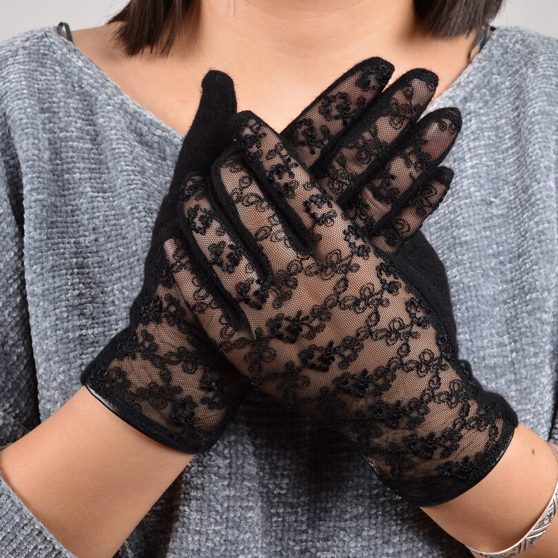 [BYSIFA] – gants d&#39;hiver en laine de cachemire pour femmes, Sexy, noirs, à la , en dentelle brodée, doux, rose, gris
