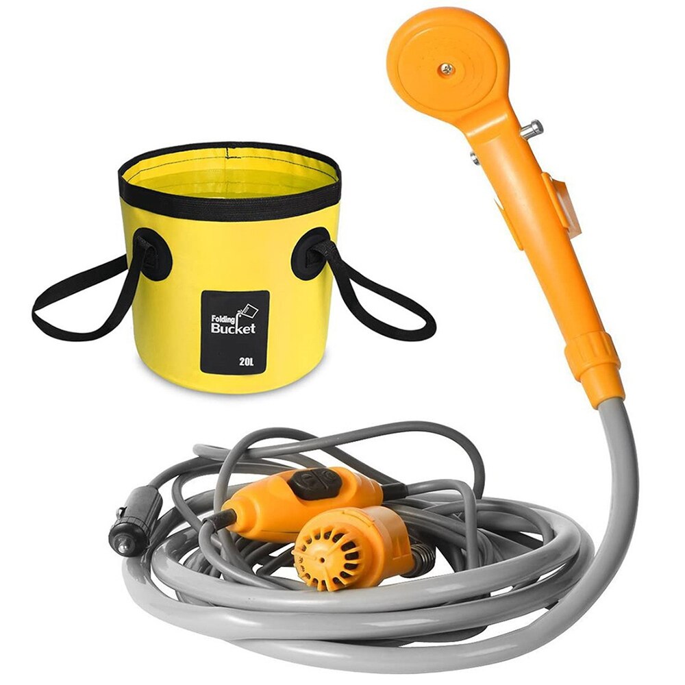 Cubo plegable eléctrico para ducha al aire libre, Kit de Ducha de Camping de 12V, para viaje, lavado de coche, Camping, senderismo, riego de plantas con flores