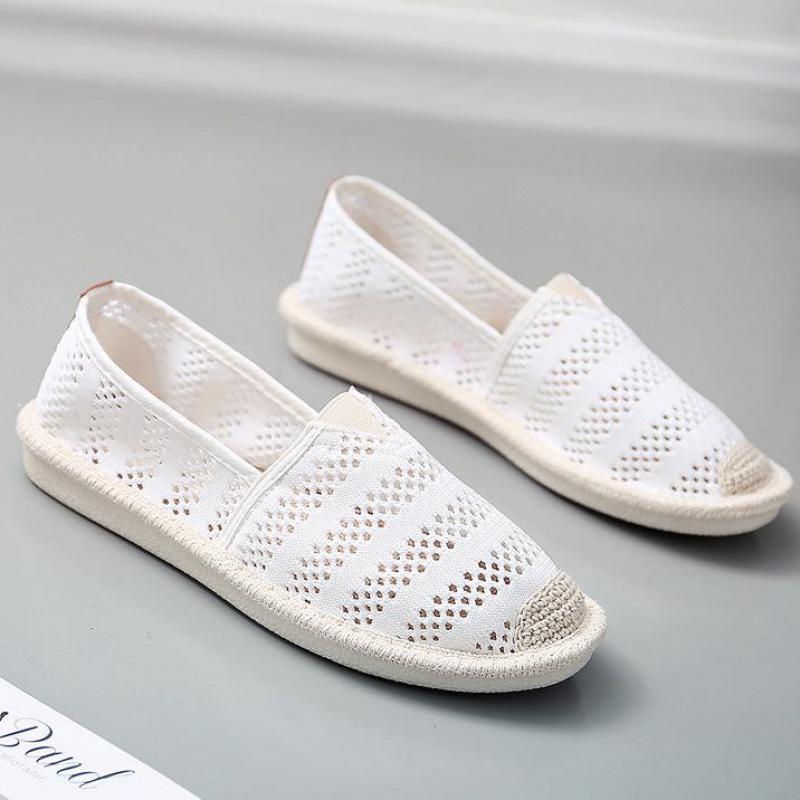 Alpargatas blancas de verano para mujer, malla hueca transpirable, zapatos de señora, zapatos bajos cómodos de pescador, zapatos planos de lona para mujer