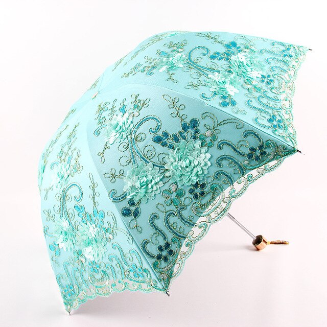 Blomster broderi blonder regn parasol til kvinder bærbar 3- fold uv dobbeltlags paraply udsøgt parasol til kvinde: Grøn