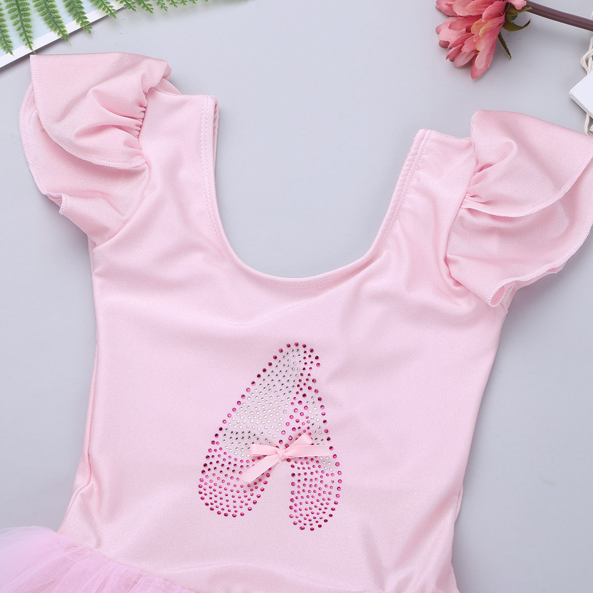 Kids Girls Pink Ruffled Cap Sleeves Sequined Ballerina Shoe Pattern Ballet Dance Gymnastics Leotard Tutu Mesh Dance Dress Briefs