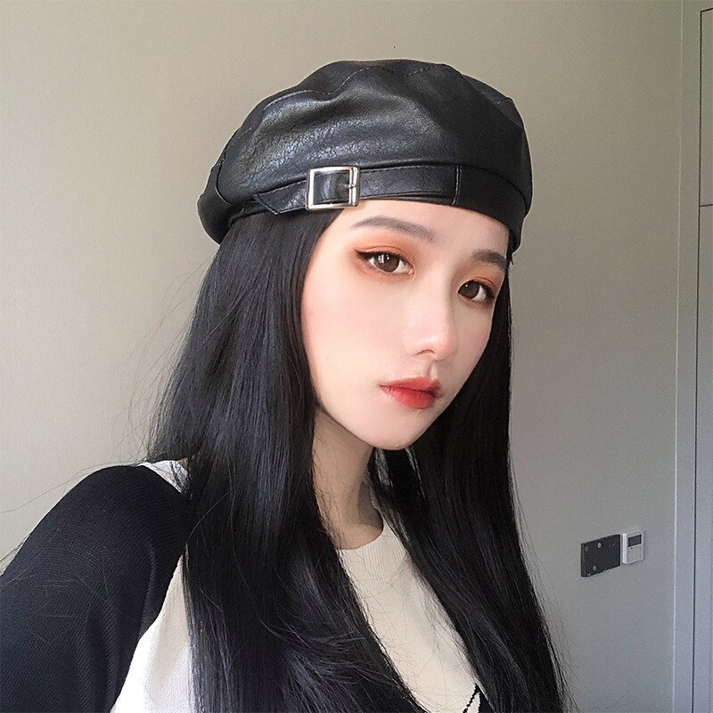 Béret en cuir Pu pour femme K186, chapeau rétro à boucle en fer, casquette de peintre sauvage, octogonal, Kepi, chapeau d&#39;automne
