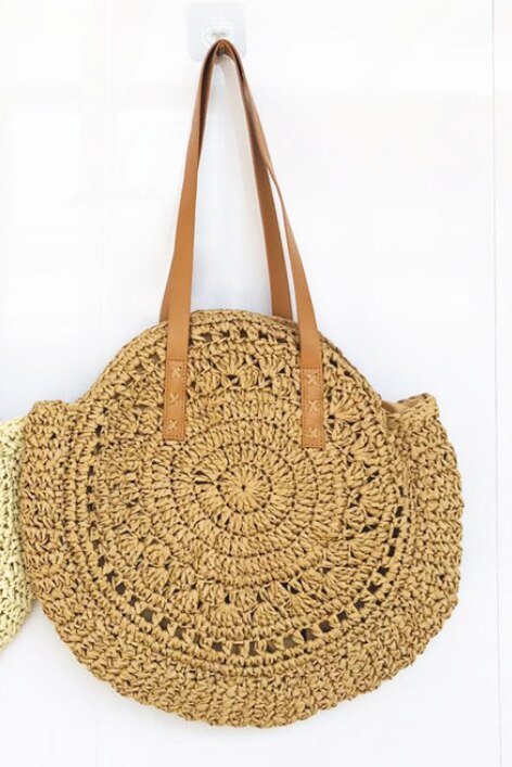 Bolso de mano tejido bohemio para mujer, bolso de playa de verano, bolso de paja, bolsos de hombro redondos de ratán: Caqui