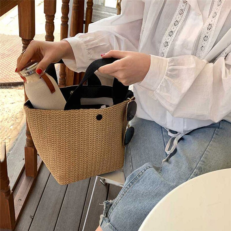 Summer Beach Straw Shoulder Messenger Bag Women Bohemian Woven Rattan Bucket Shoulder Handbag Handmade Crossbody Bags For Women