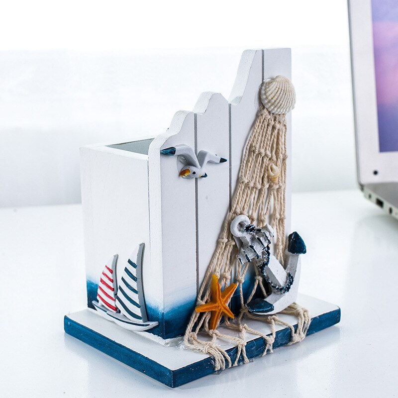Mediterranean Wooden Storage Box Sea Bird Sailing Pencil Barrel Multifunction Home Office Desktop Decoration Organizer: 4