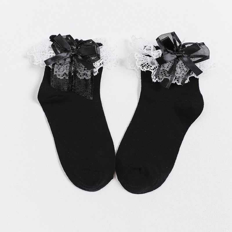 Summer Women Socks Girl Ruffle Sock Cute White Pink Lace Cotton Socks For Girls Lace Ruffle Frilly Ankle Socks: Black