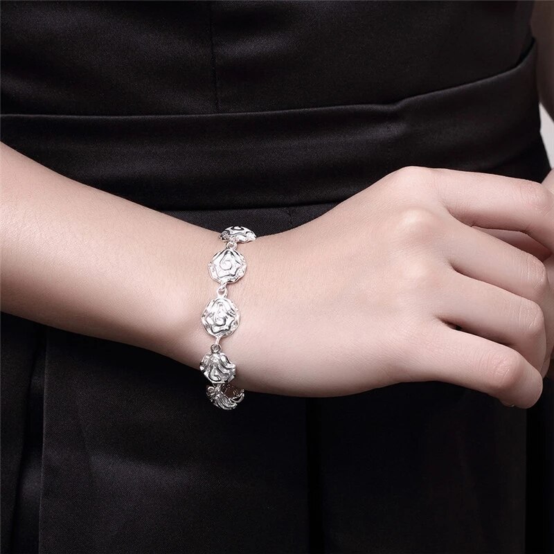 925 Sterling Zilveren Set Rose Bloem Hanger Kettingen Ringen Armbanden Oorbellen Stud Sieraden Voor Vrouwen Party
