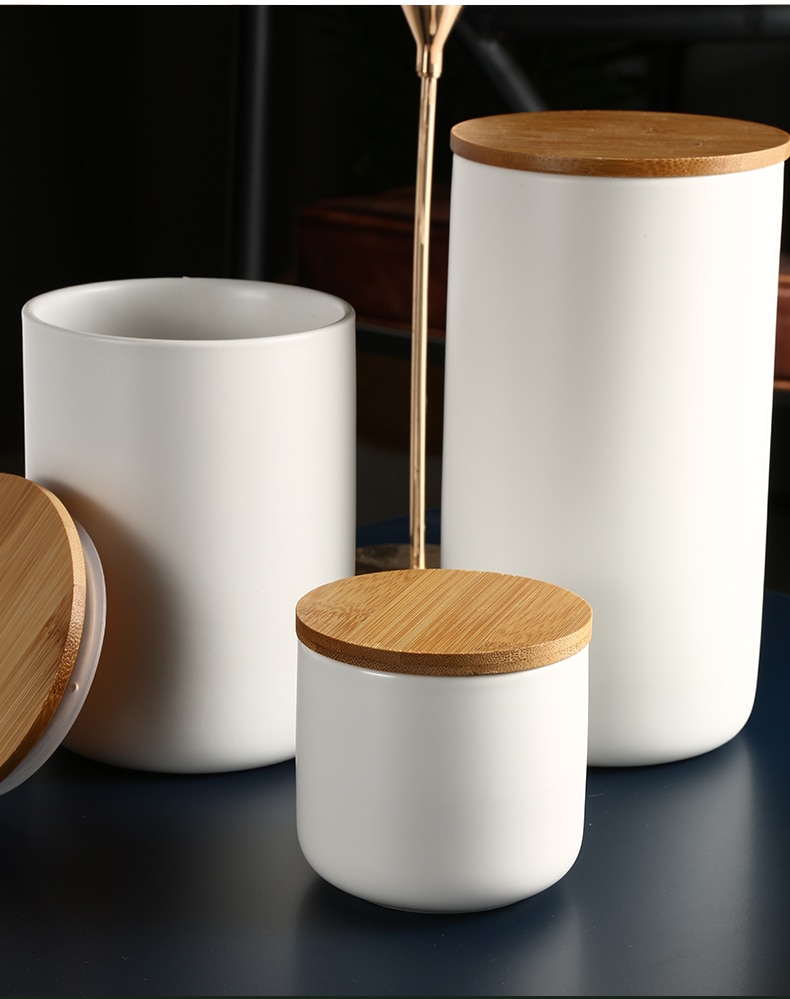 Kitchen Storage Organization Set Ceramic Storage Bottle Jar with Bamboo Lid Kitchen Canisters Seasoning Desktop Decoration
