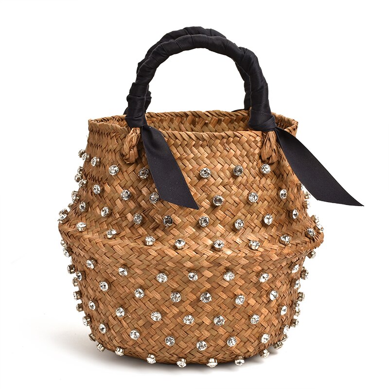 Woman Vacation Bag Embellished Straw Bag Ladies Woven Seaweed Bucket Diamond Bag Pearl Handbags