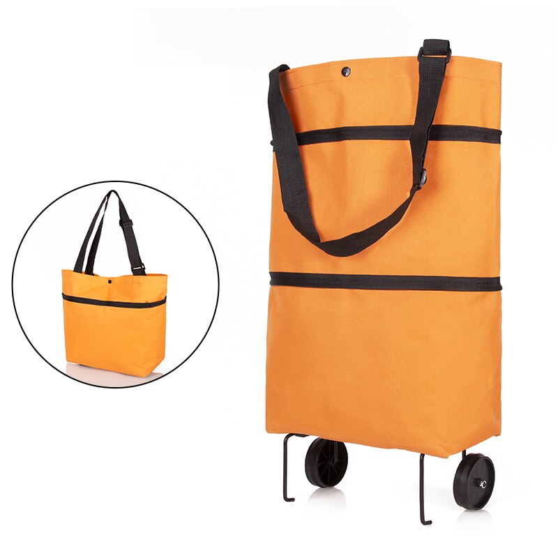 2 in 1 Folding Shopping Pull Cart Trolley Bag With Wheels Reusable Grocery Bags Food Organizer Vegetables Bag Shopping Bag: orange