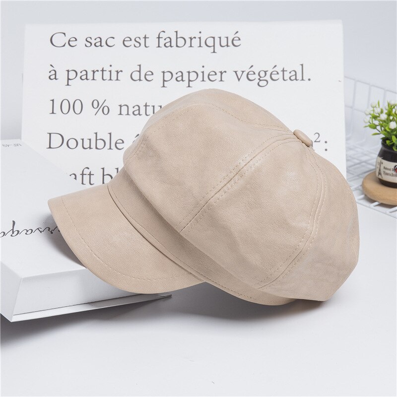 Vrouwen Lederen Baretten Hoed Franse Kunstenaar Beret Hoed Zwarte Baretten Herfst Winter Koreaanse Stijl Stevige Baretten Hoed Caps Voor Vrouwen: Beige