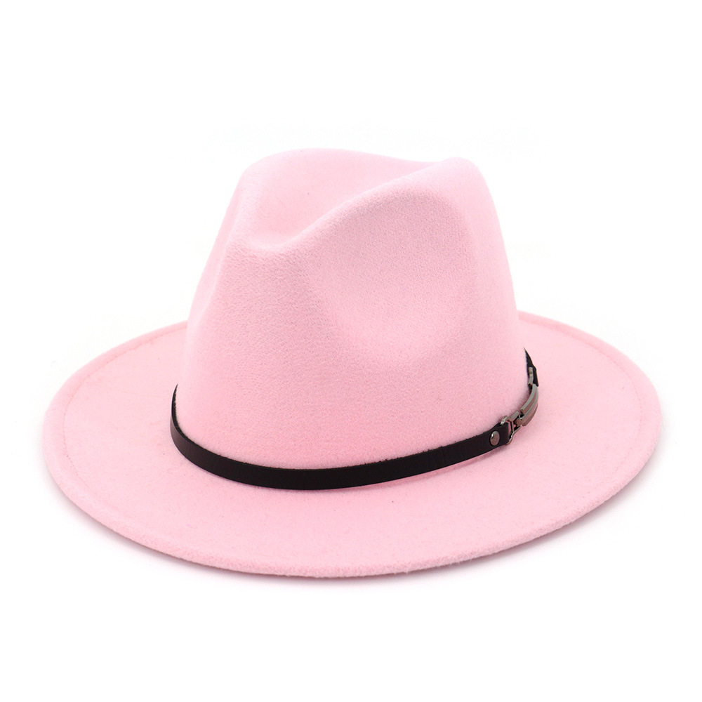 Höst vinter vanliga fedora hattar för kvinnor hatt vintage bowler jazzmössa filt bred brätte solkyrka hatt: Rosa