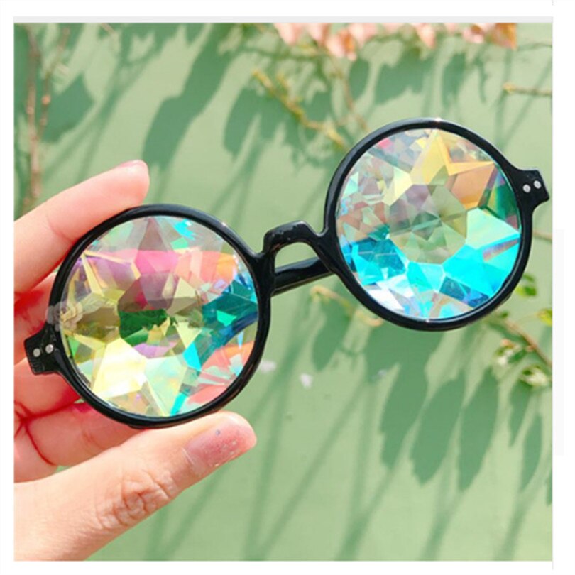 Kaléidoscope rond lunettes Rave Festival hommes femmes concepteur holographique kaléidoscope femme mâle lunettes de soleil rétro: Black