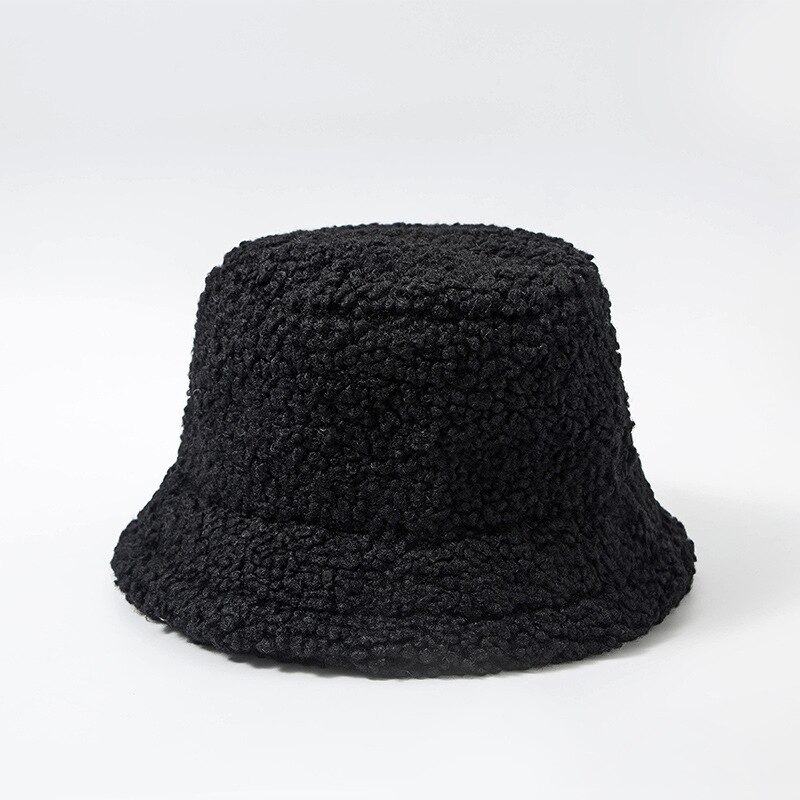 Kvinder uld furry hat teddy fløjl varm ørebeskytter fisker hat lam fløjl cap dejlige plys spand hat: Sort