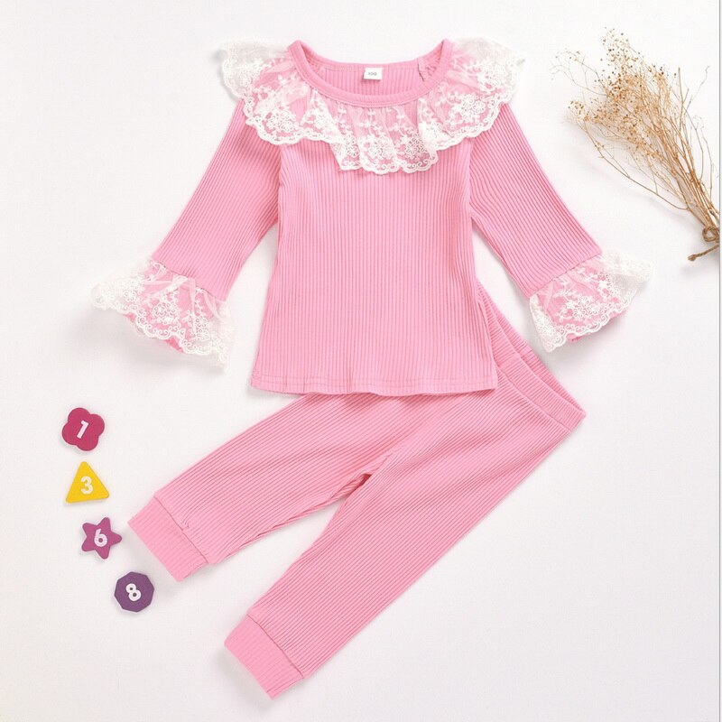 Spring Baby Pajamas Sets Knitting Waffle Lace Collar Long Sleeves Cotton Girl Wear with Pants Baby Clothes E006: pink